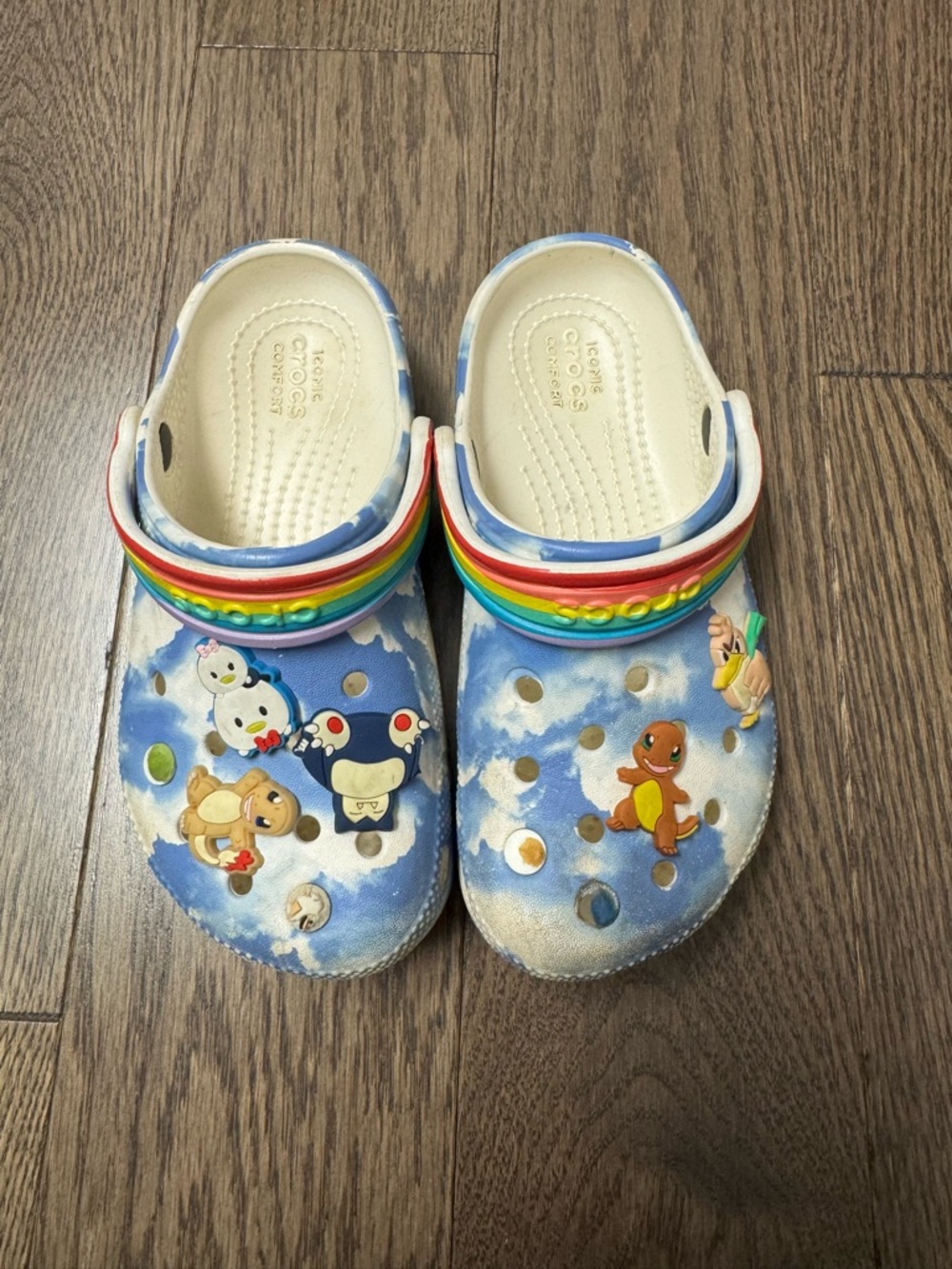CROCS Kids Sky Blue Cloud Clogs with Rainbow Strap and Pokemon Charms size 12